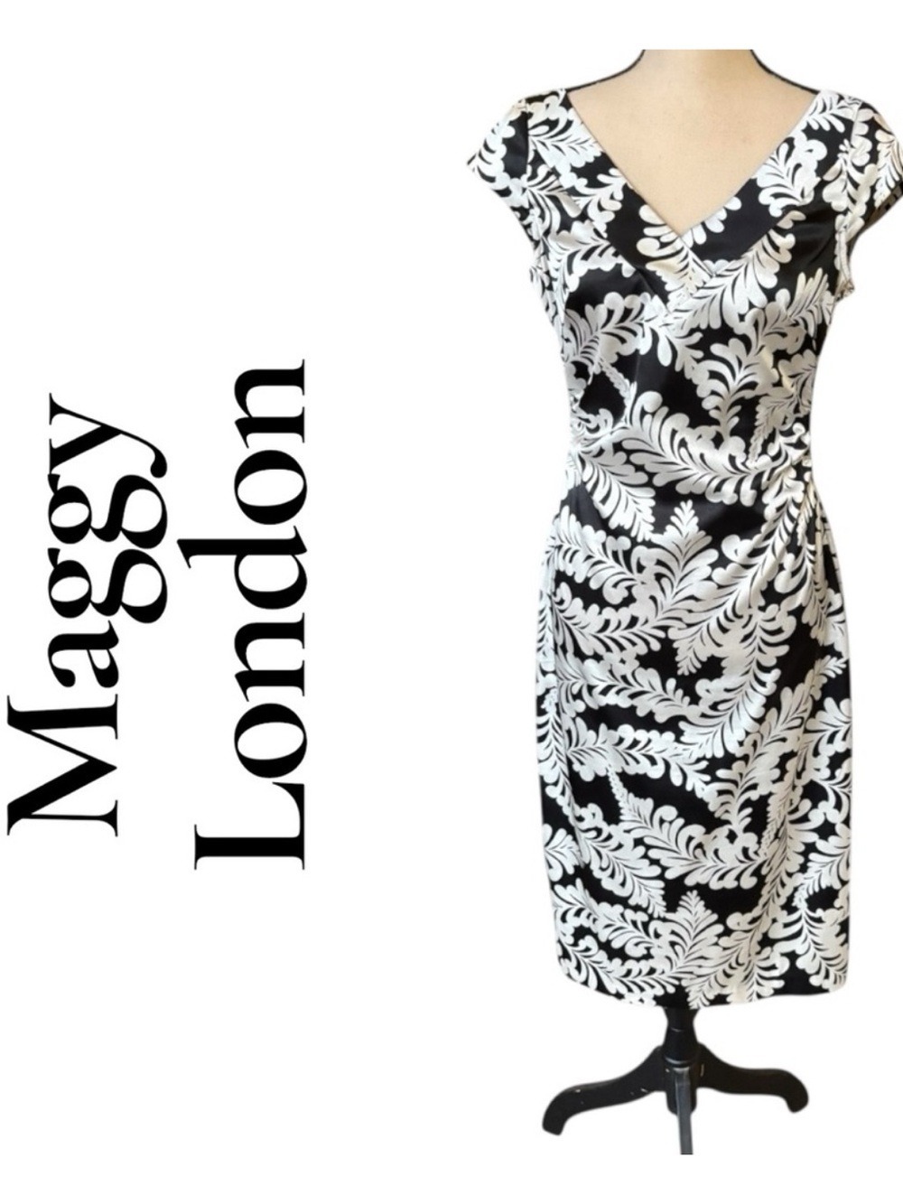 Maggy London Monochrome Floral Midi Dress. Satin. Size 8. Side zip. Like new!